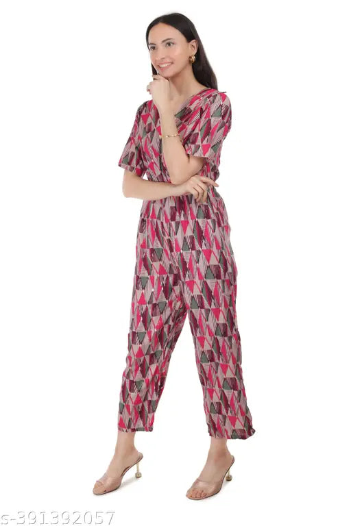 Rayon geometric print women's jumpsuit with V-neck, half sleeves, and relaxed fit - perfect for a variety of events