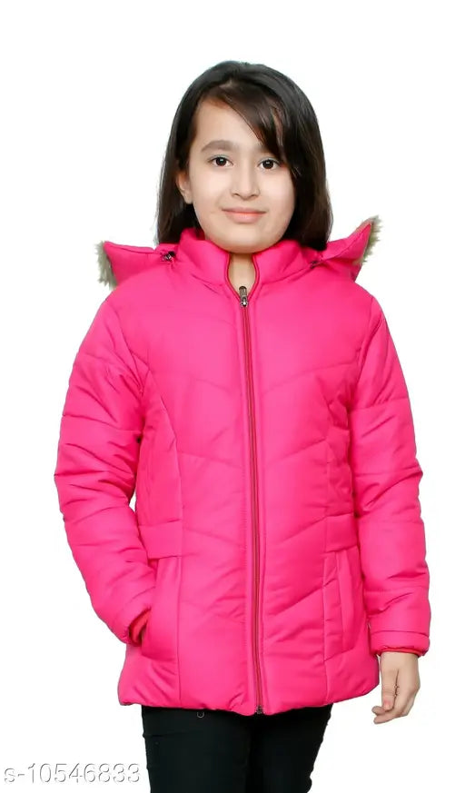 Girl's pink nylon coat with hood and zip closure