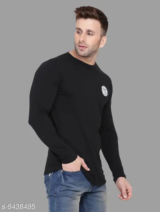Black cotton blend round t-shirt with men's placement print, long sleeves, size M. Quality Indian-made T-shirt for casual style
