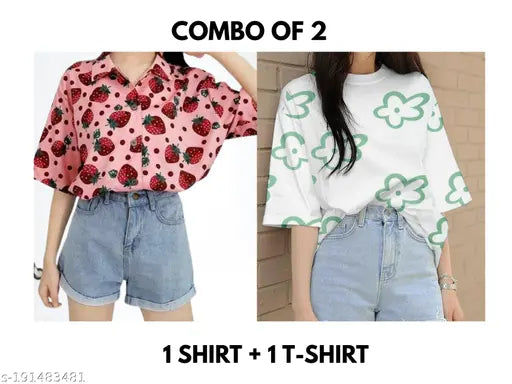 Floral printed short sleeve shirt combo with tshirt for women, India origin, size chart included