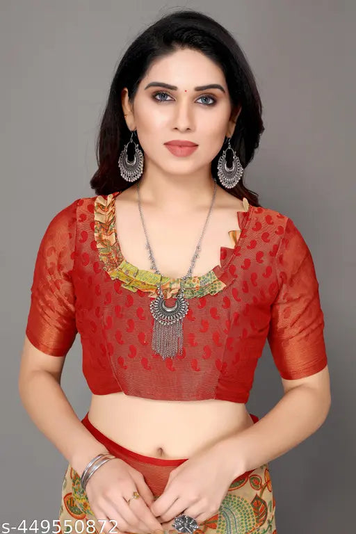 Red chiffon Brasso printed saree with unstitched blouse piece, Indian wedding-ready fashion for chiffon sarees