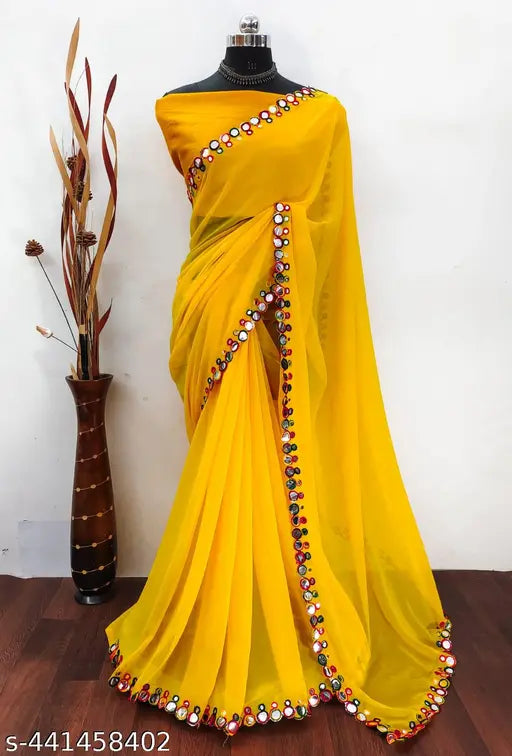 Yellow georgette saree with pallu, fashionable women's outfit