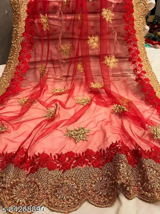 Salmon net Amrita Saree with embroidered floral design and stone adornments, free size, India origin