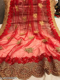 Salmon net Amrita Saree with embroidered floral design and stone adornments, free size, India origin