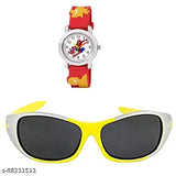Kids sunglasses and analog watch set, featuring colorful frames, white band, and red strap