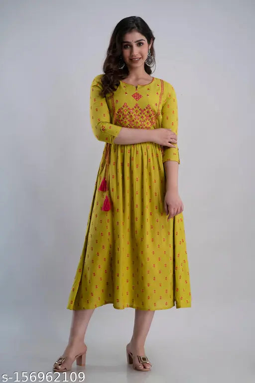 Rayon embroidered Anarkali Kurta, printed combo, three-quarter sleeves, size S36 to 5XL50, Indian fashion for women on mannequin
