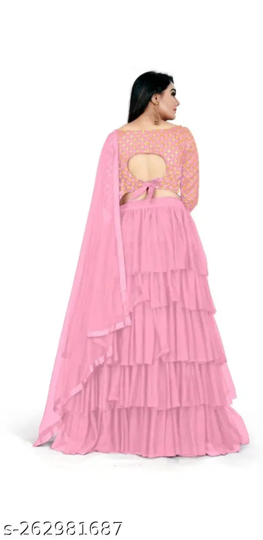 Women's satin lehenga-choli set with net bottom and dupatta, featuring ruffle detailing. Free size, semi-stitched or unstitched. Indian handcrafted design