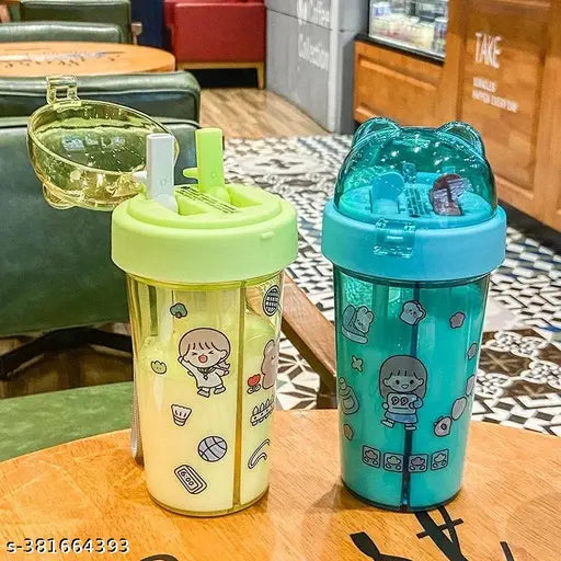 Yellow plastic Kids sipper bottle, CUTE KAWAII Double-Sided with two side straws, BIS/ISI certified (UDYAM-MH-18-0257844), capacity 420ml