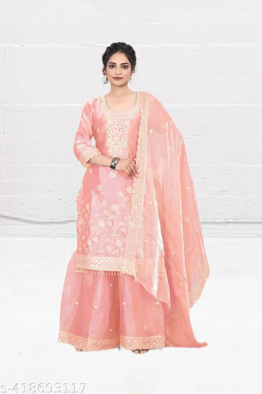 Pink, embroidered lehenga with matching dupatta and pants
