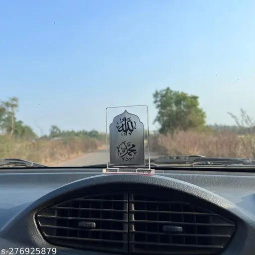 Transparent silver Allah Mohammed Islamic dashboard car stand, symbolizing faith for travel