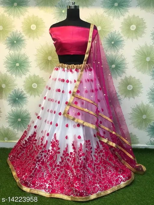 Silk and net embroidered Indian Lehenga set with choli and dupatta, semi-stitched or free size