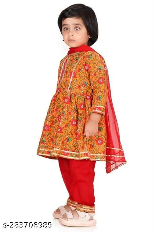 Blue cotton ethnic kurti pant & dupatta set with floral print for girls, ideal for festive occasions. Size options available from 12-18 months to 5-6 years, originating from India