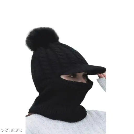 Black knit beanie hat and neck scarf set with fuzzy texture