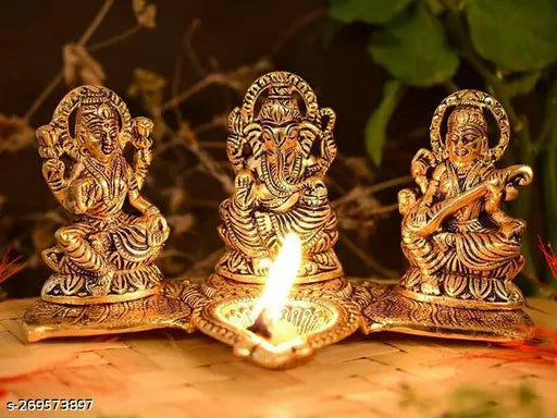 Gold-toned metal decorative platter with Laxmi, Ganesh, and Saraswati idols and Diya, ideal for home or office temple decoration
