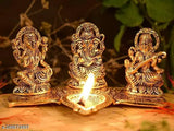 Gold-toned metal decorative platter with Laxmi, Ganesh, and Saraswati idols and Diya, ideal for home or office temple decoration