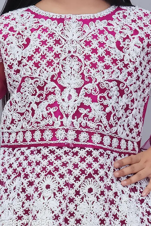 Embroidered kids festive wedding lahenga choli, net fabric & long sleeves, ideal for Indian events