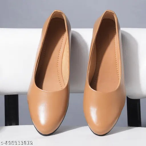 Brown synthetic leather and leather slip-on bellies for women, perfect for casual or party wear