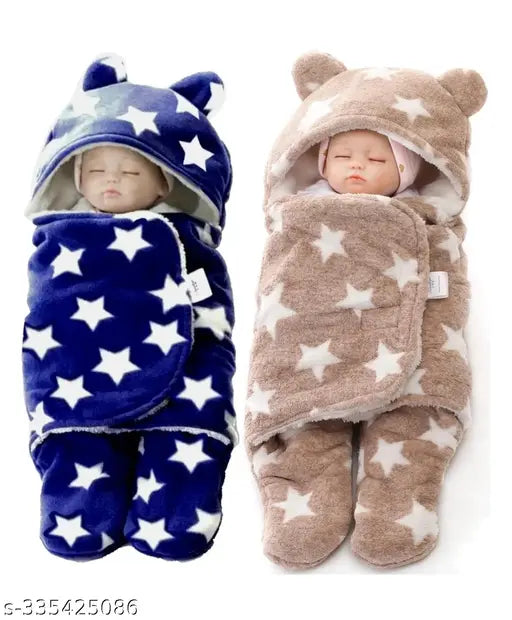 Microfiber star printed hooded baby blanket for 0-6 months, pack of 2. Soft fabric with safety hood, Indian origin