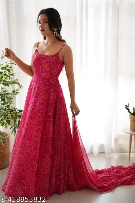Georgette Anarkali gown with printed dupatta, sleeveless & 54-inch length. Traditional Indian ethnic wear for women