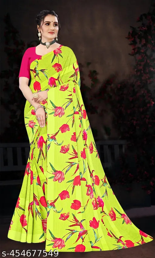 Georgette Bollywood party wear designer saree with printed blouse and solid net, single size, India origin