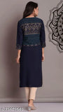 Blue rayon straight jacket kurti, printed combo three-quarter sleeves for women, Indian fashion on model
