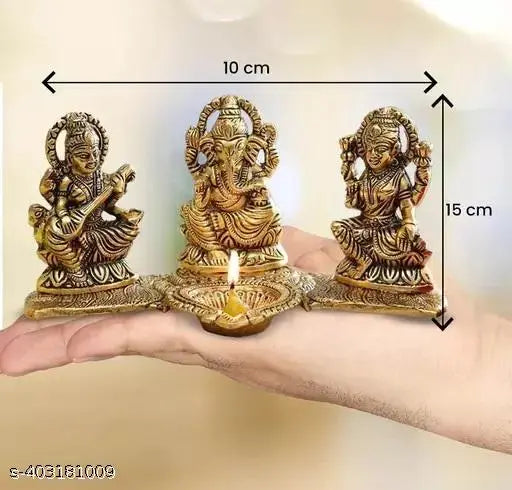 Metal Laxmi-Ganpati-Saraswati decorative showpiece with diya, traditional Indian Ganesh Laxmi idol, dimensions: 20cmL x 15cmH x 10cmB