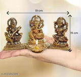 Metal Laxmi-Ganpati-Saraswati decorative showpiece with diya, traditional Indian Ganesh Laxmi idol, dimensions: 20cmL x 15cmH x 10cmB