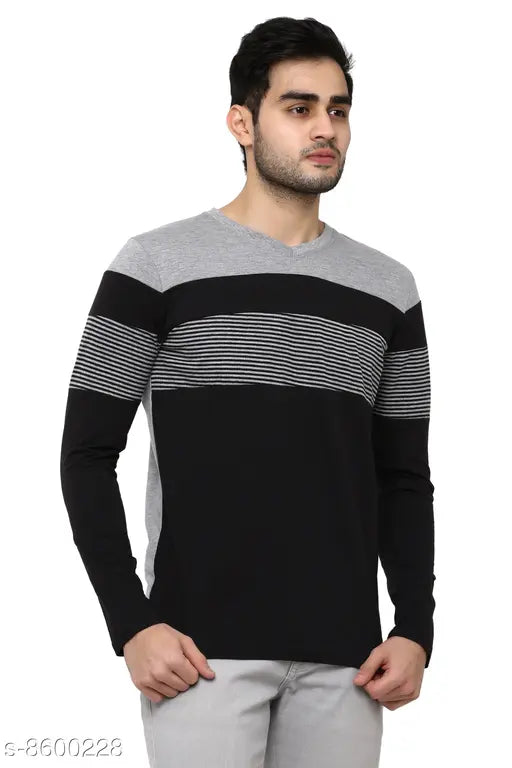 Cotton blend GENTINO V neck full sleeve t-shirt with printed net pattern, long sleeves for men (S, chest size 38 in, length size 25.5 in)