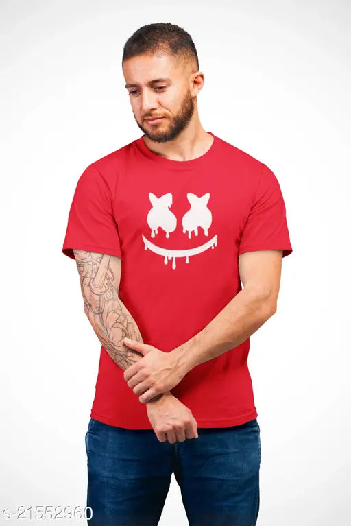 Elegant red round-neck cotton tee, classic mens fashion with eye print, India
