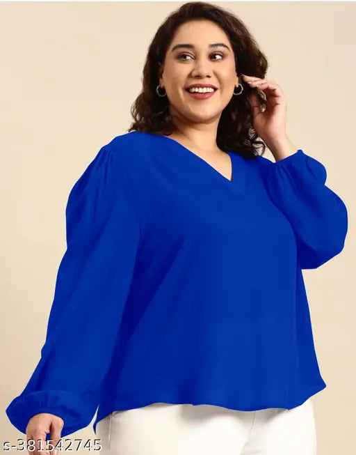 Plus size Georgette top, solid net, long sleeves, traditional Indian design, varying bust sizes from 44in to 56in, length 29in