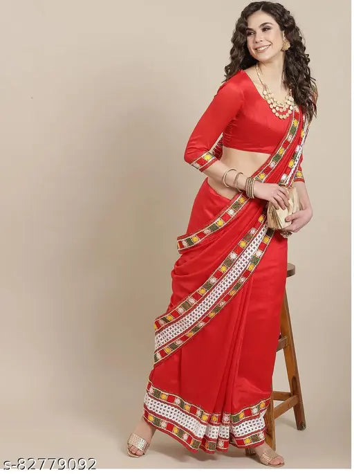 Shiny Vichitra multi-color thread Kutchi embroidery saree with blouse in free size, Indian party wear