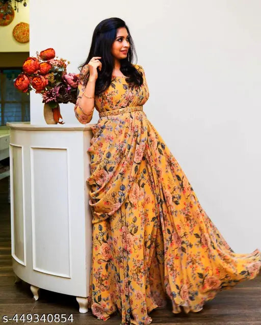 Georgette Trandy Haldi Chandan Design Three-Quarter Sleeve Printed Kurti, Indian quality fashion wear on mannequin