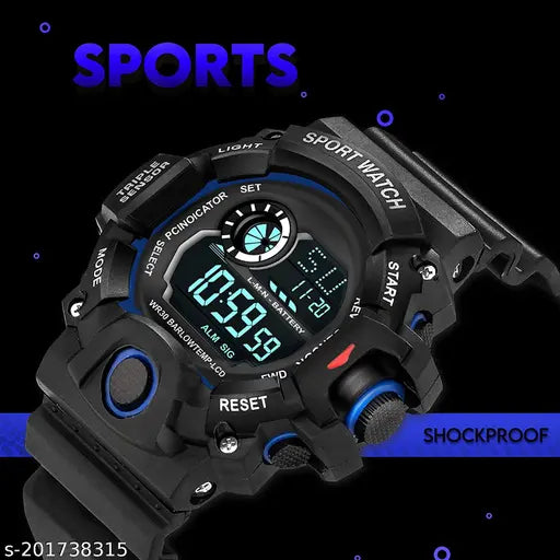 Black digital watch with blue illuminated screen, water resistance rating, military green strap