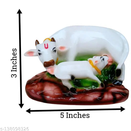 Poly resin Kamdhenu Cow with Calf (5 x 3 inches), Indian decorative art for home or pooja room