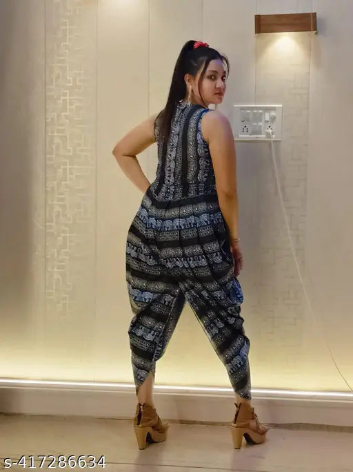 Blue crepe dhoti jumpsuit, trendy animal print, sleeveless, round neck, party wear