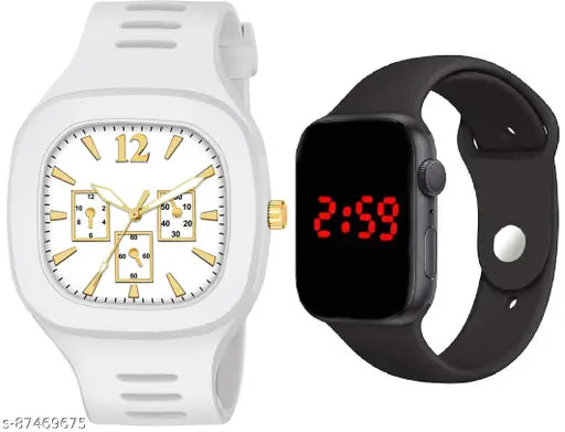 White and black watch with digital display