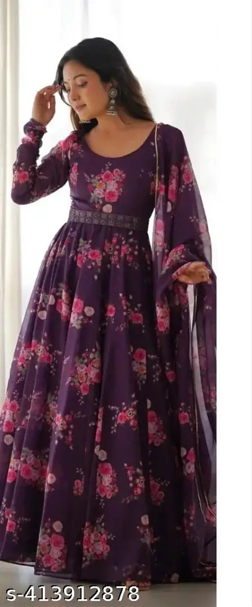 Georgette leheriya print maxi dress with dupatta and belt, Indian casual/party wear for summer, XL & XXXL sizes
