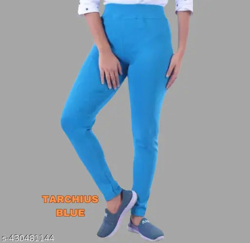 Solid cotton blend women's jeggings, OE fabric recycled from hosiery waste. High-waisted denim-like style for versatile comfort