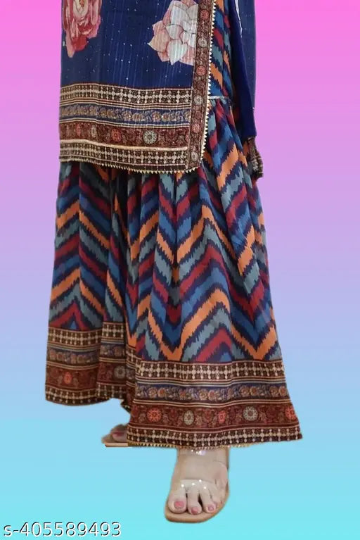 Blue, pink, and orange embroidered kurta set with dupatta