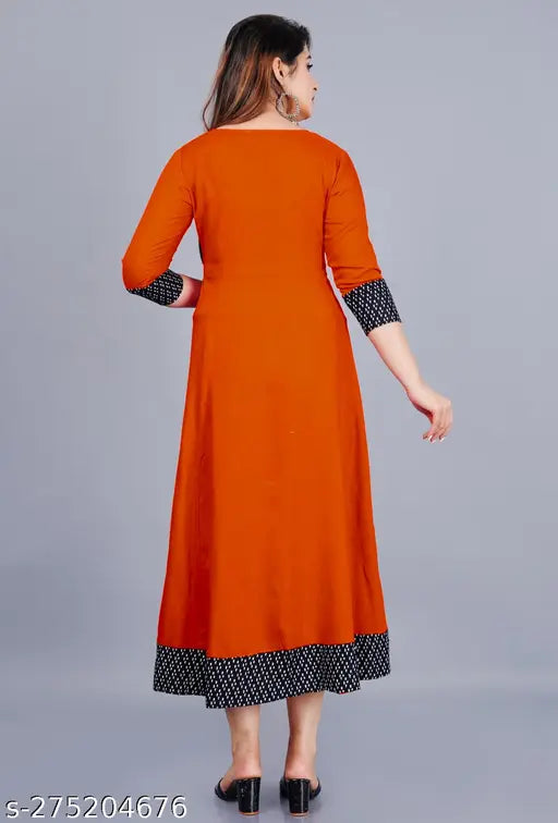 Orange rayon round pleated flared kurti with three-quarter sleeves, perfect for casual and formal occasions