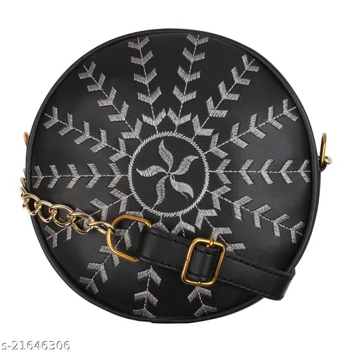 Black faux leather round embroidered sling bag