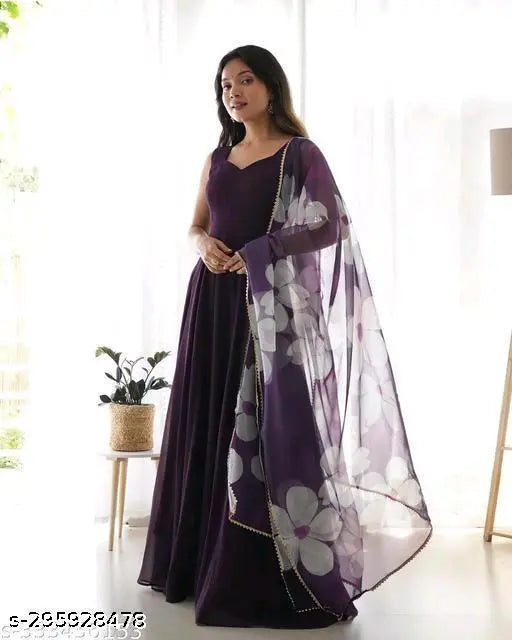 Purple silk dupatta with floral pattern