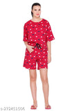 Rose red cotton floral print nightsuit set with top & shorts for women's comfortable sleepwear, featuring round neck, regular fit, and elasticated waistband. Machine washable. Made in India