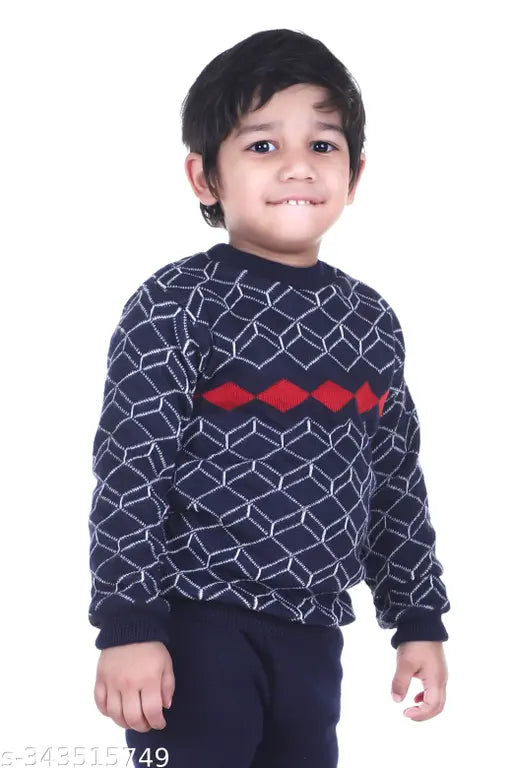 Kids boys & girls full sleeve wool sweater with printed net pattern, round neck - size options available from 12-18 months to 4-5 years. Made in India