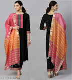 Black cotton blend kurti set with dupatta and bottomwear, solid design for women's fashion in three-quarter sleeves. Single size options available in XS to L (Indian sizes)