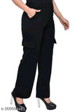 Black cargo pants with side pockets, high waist, cropped length