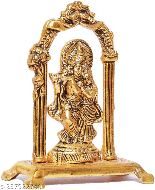 Metal Radha Krishna figurine playing flute, gold-plated Indian decorative showpiece (18cm H x 6.5cm W)