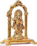Metal Radha Krishna figurine playing flute, gold-plated Indian decorative showpiece (18cm H x 6.5cm W)
