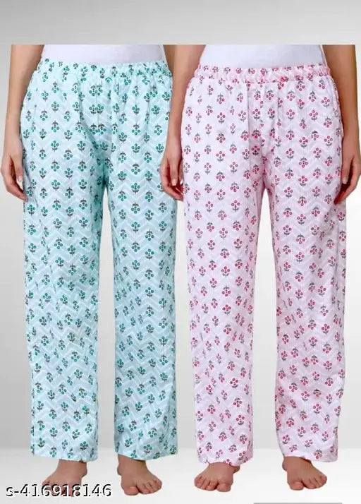 Pink and blue patterned pajamas, long pants, cotton material