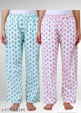 Pink and blue patterned pajamas, long pants, cotton material